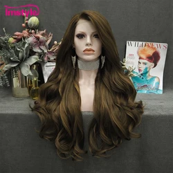 Imstyle-peluca sintética con malla frontal para mujer, pelo largo ondulado Natural, fibra resistente al calor, color dorado mezclado, para uso diario