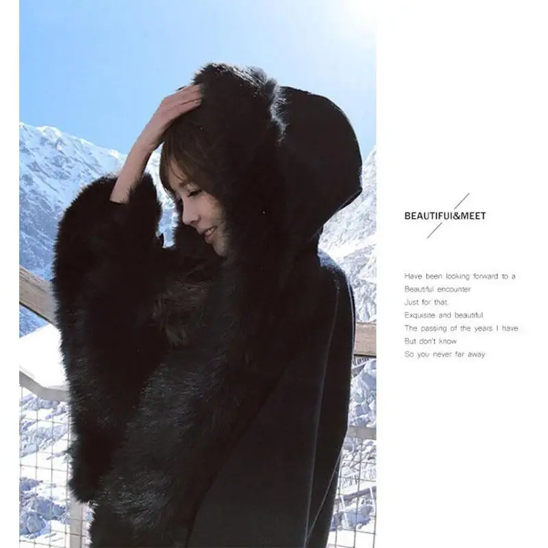 New Imitation Fox Fur Woolen Coat Winter Women Batwing Sleeve Hooded Shawl Cape Coat Female Loose Cloak Overcoat