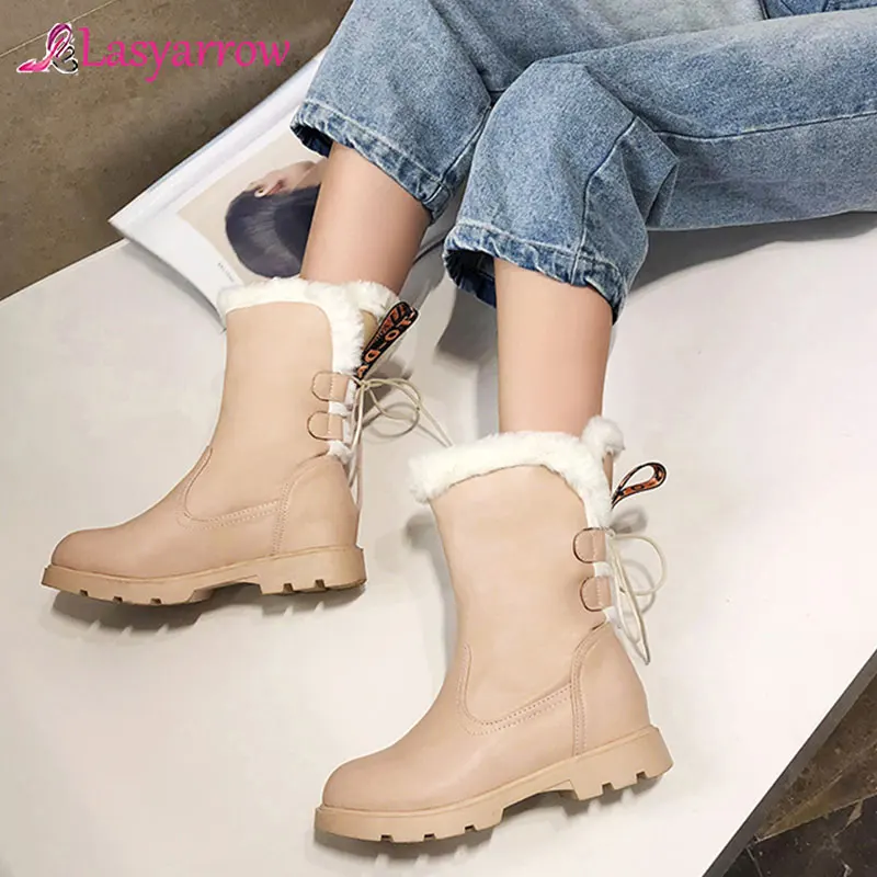 Lasyarrow winter New Fashion Women Ankle boots Thick Fur Snow Boots Black Warm Wool Women Lace Up Ankle Boots Platform shoes