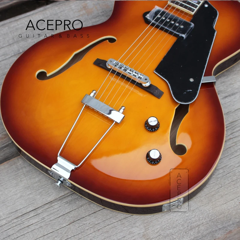 Grote-Full Hollow Maple Body Electric Guitar, F-Holes, Vintage Sunburst Color, Chrome Hardware, High Quality, Free Shipping