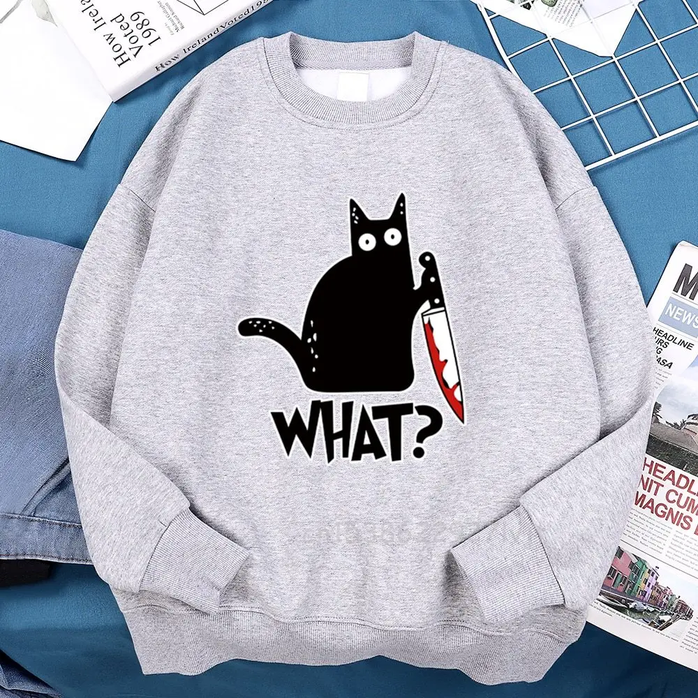 Black Cat Killer Streetwear Sweatshirt Surprised With Eyes Open Aesthetic Hoodies Hip Hop Street High Quality Hoodie Man