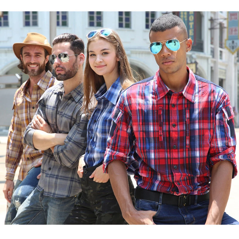 Fan Plaid Shirt Men Women Long Sleeve Breathable Cotton Plaid Shirt Outdoor Hiking Training Shirt Uniform