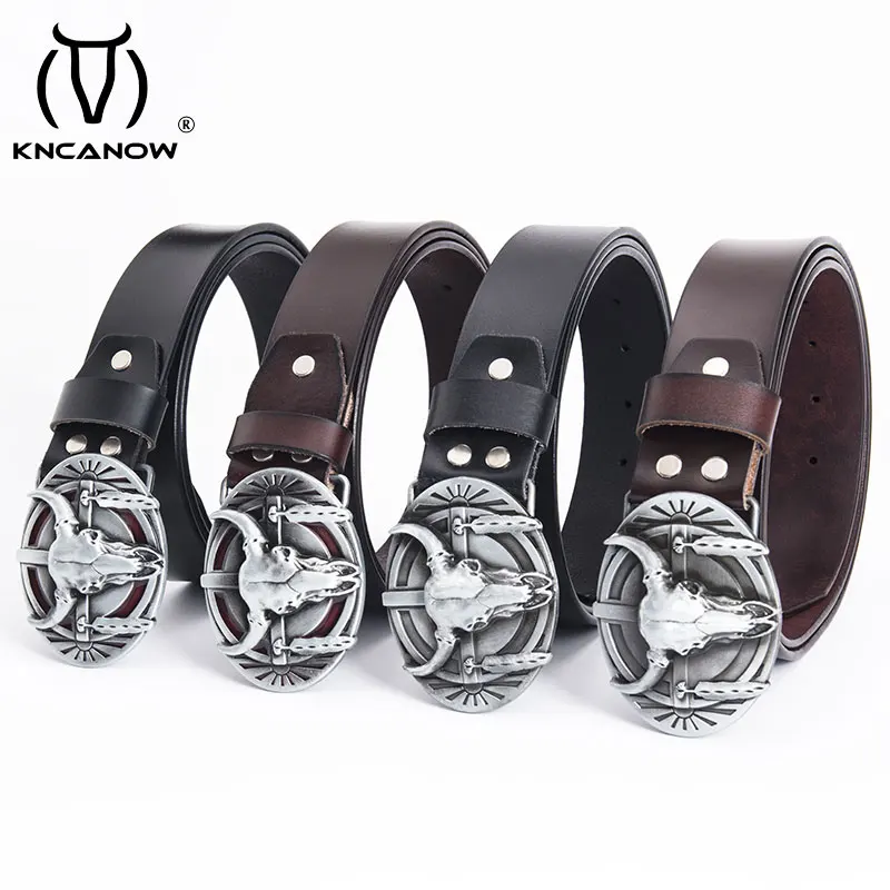 Man Cowboy Jean Strap Men's Genuine Leather Belt Cowhide Wild Western Cow Bull Head Skull Pattern Metal Buckle Free Shipping