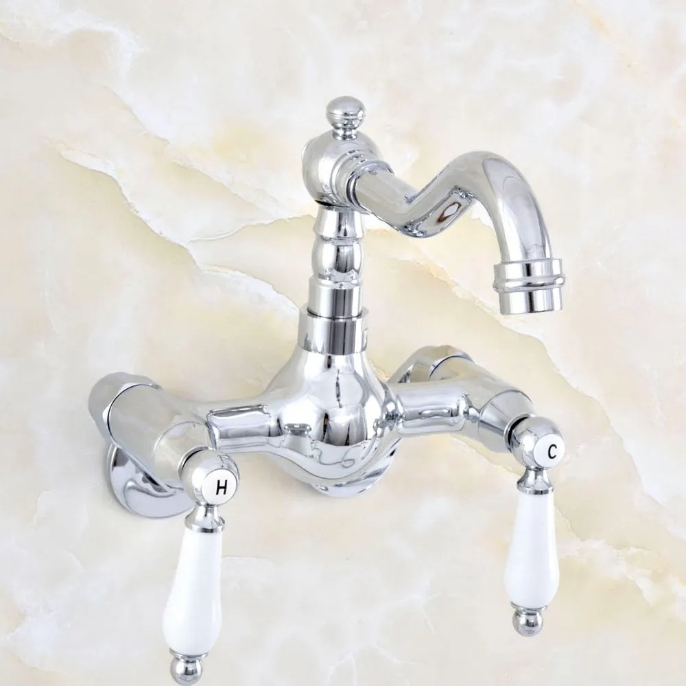 

Basin Faucets 3-3/8" Polished Chrome Bathroom Kitchen Faucet Swivel Wall Mounted Dual Handle Hot Cold Mixer Taps zqg204