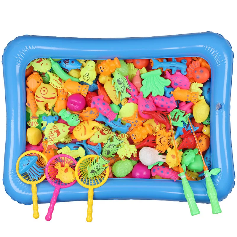 Kids' Fishing Toy Set Play Water Toys for Baby Magnetic Rod and Fish with Inflatable Pool Outdoor Sport Toys for Children