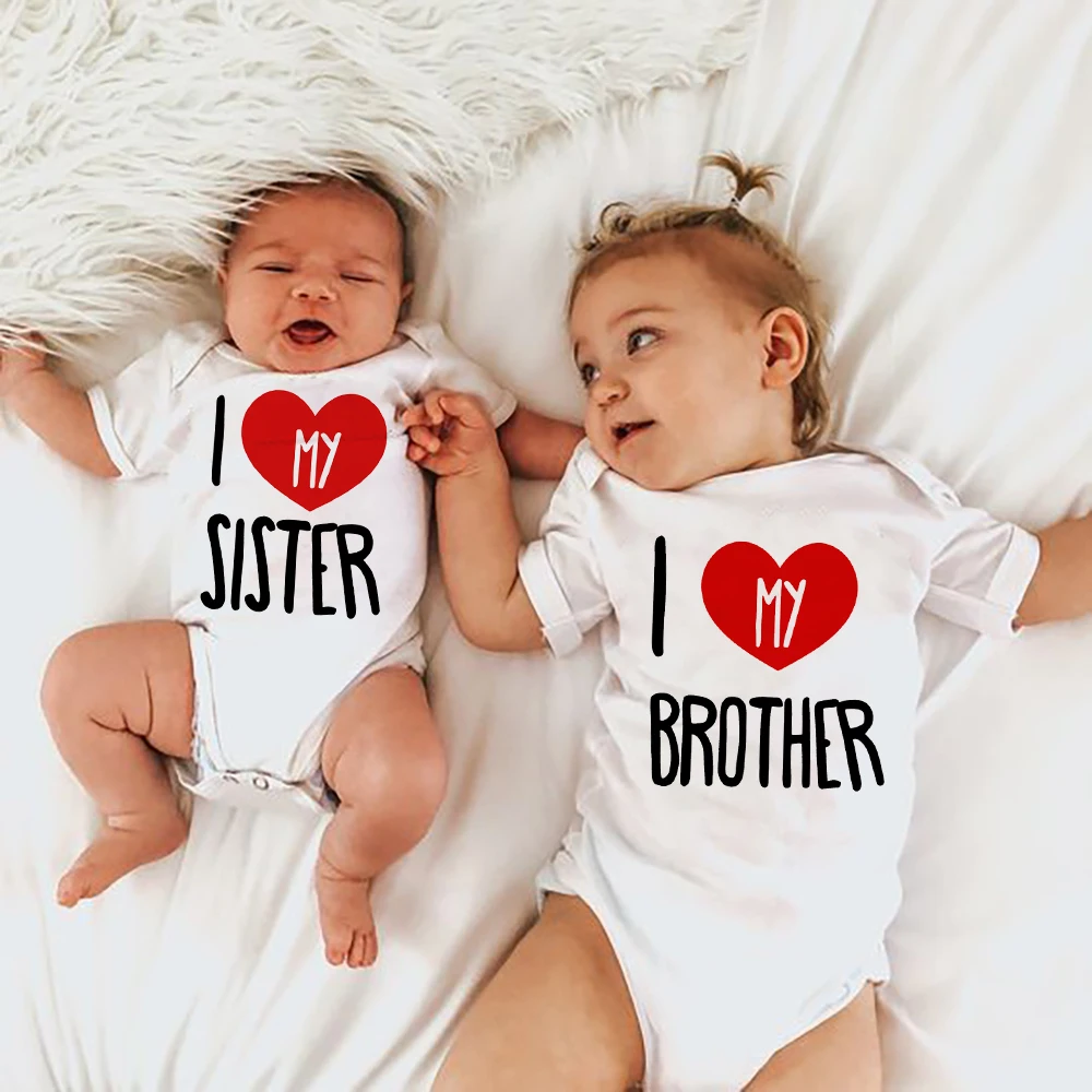 

I Love My Sister Brother Baby Boys Girls Summer Romper Fashion Short Sleeve Bodysuits Newborn Baby Announcement Valentine's Gift