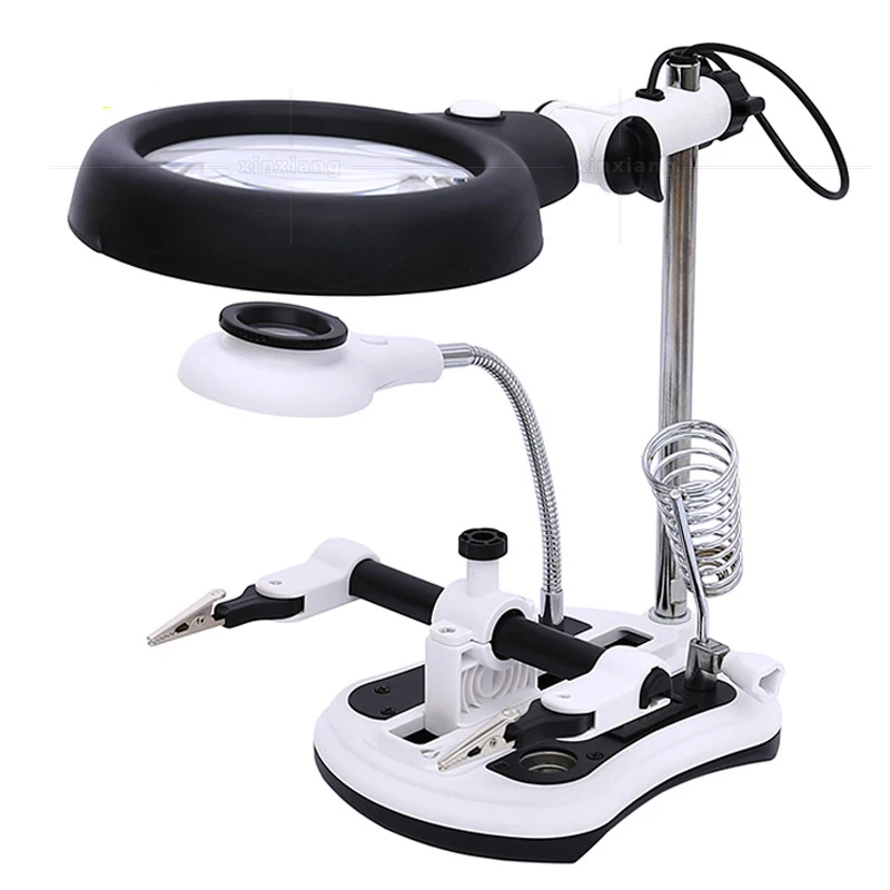 

3-in-1 Welding Magnifier with 4 Lenses and 18 LED Lights, Clip-on Auxiliary Magnifier, Soldering Iron Stand