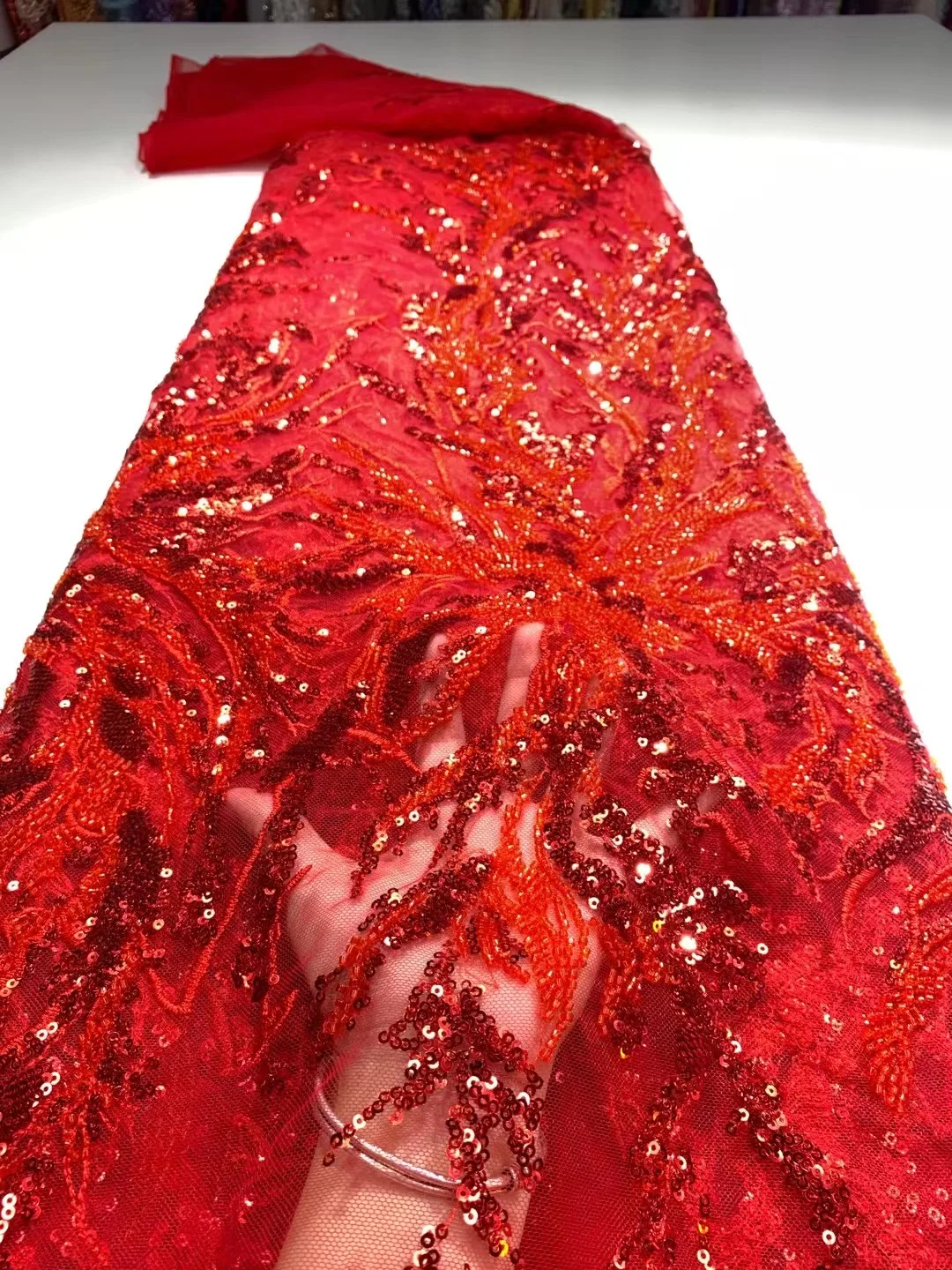 

(5yards/pc) High quality embroidered African French net lace with beads red tulle lace fabric for attractive dress FXZ139