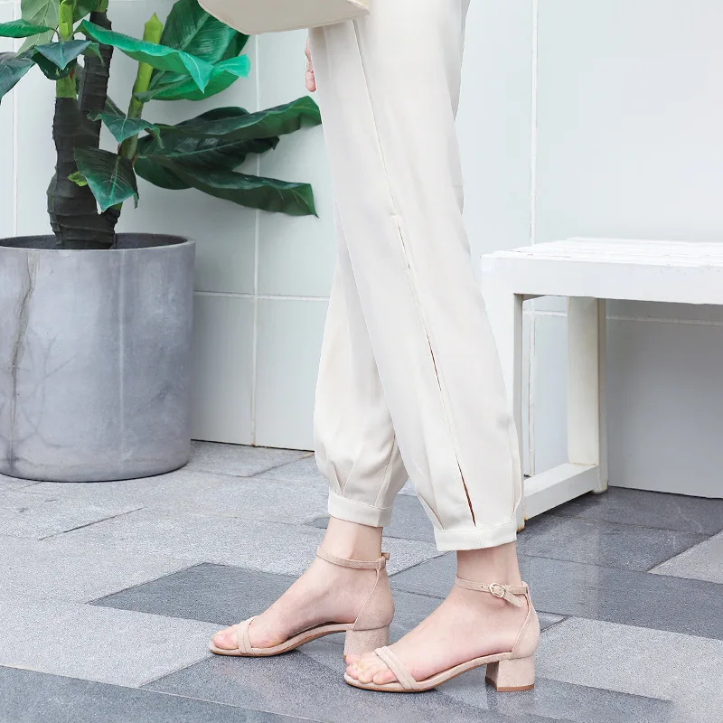 Fashion 2020 Summer Women's Sandals Flock Buckle Strap 4CM Thick High Heels Round Toe Shallow Back Strap women shoes size 35-40