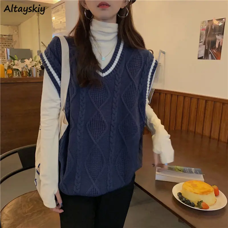 Sweater Vest Women V-neck Loose Students All-match College Knitwear Korean Style Casual Vintage Teens Streetwear Simple Soft Ins