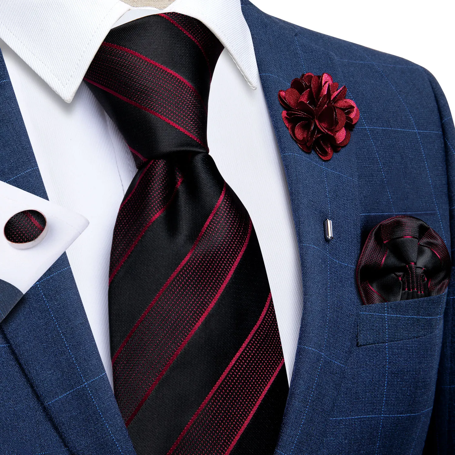 

Black Red Striped Ties For Men Formal Wedding Party Neck Tie Brooch Set Men's Tie Pocket Square Cufflinks Men Accessories Cravat
