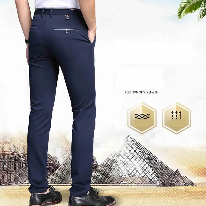 Casual Pants Male Stretch Business Straight Dress Trousers Ankle-Tied Men Office Pants Ice Silk Breathable Men\'s Classic Pants