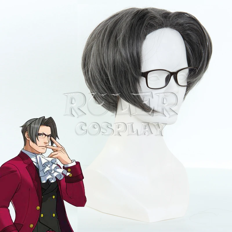 12" Miles Edgeworth Cosplay Wig Grey Short Central Parting Hairstyles Heat Resistance Synthetic Hair For Men's Party