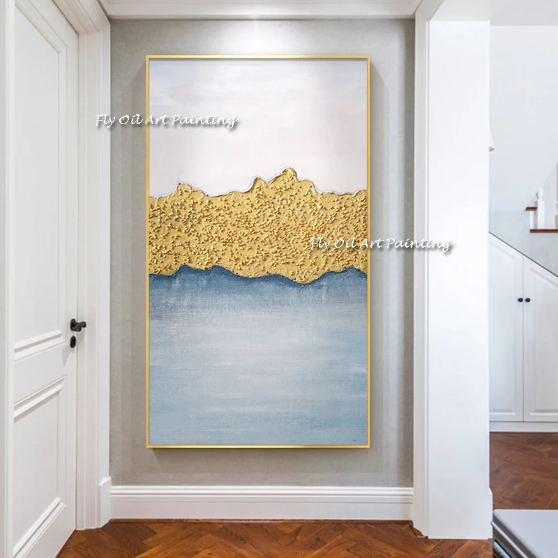 100% Handmade Modern Family  Wall Art Picture Abstract Gold Foil Painting Handwork Blue sitting Room Decor  Canvas painting