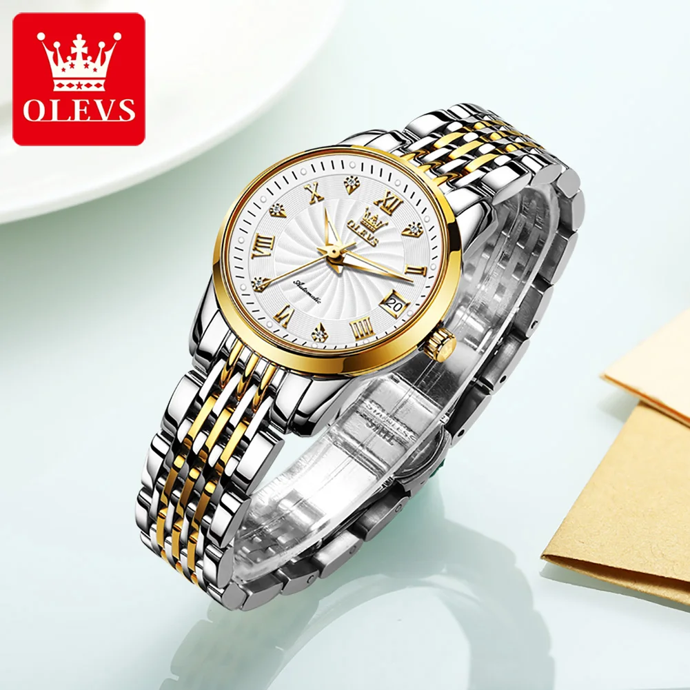 Olevs-reloj mecánico automático para hombre y mujer, pulsera con pantalla de fecha, correa de acero inoxidable, marca de lujo