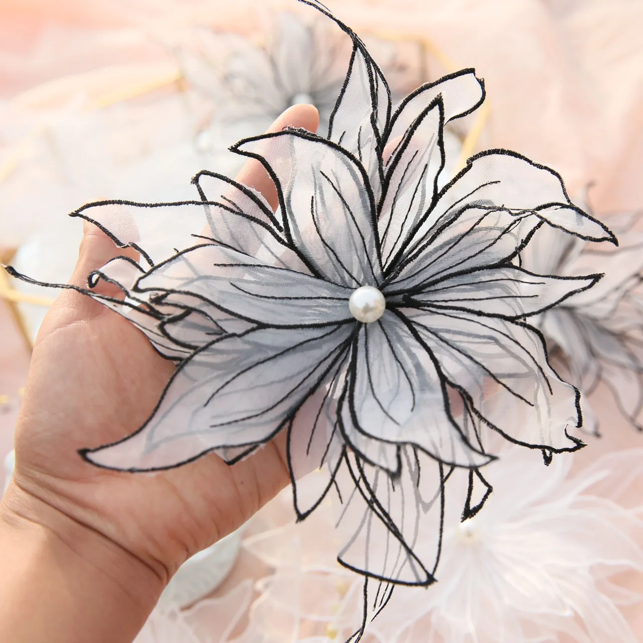 1Pc 3D Embroidered Flowers Appliques Fabric Wedding Gown Lace Trims Collar Mesh Sew Patch For Dress DIY Decoration 25cm