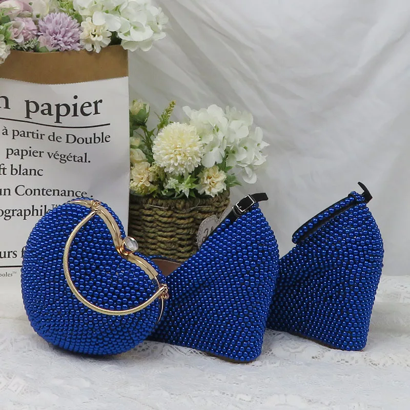 BaoYaFang Royal Blue Pearl Ankle Strap Wedding shoes and bags platform shoes Wedges Woman Pumps High Shoes Buckle Round Toe