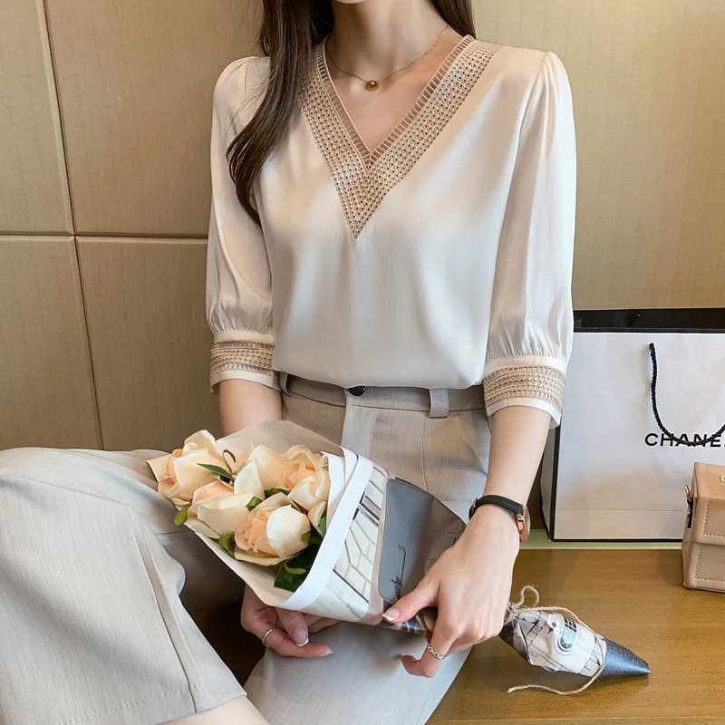 Women Shirts Blouses Femme White Blouse Tops Women Blusas Mujer De Moda 2023 Verano V-Neck Chiffon Blouse Shirt Tops Blusas E608