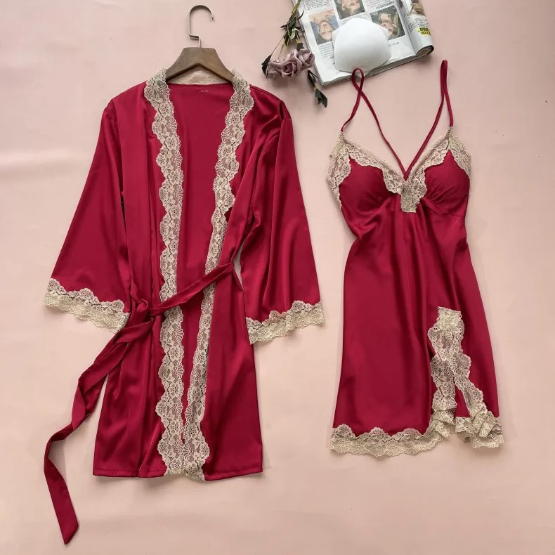 Women Summer Sling Nightgown Bathrobe Robe Sets Sexy Lace Floral Trim Split Bride Dressing Bath Gown M-XL Casual Home Clothes