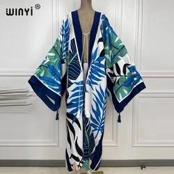 2021 WINYI new Cotton Bikini Sweet Lady Pink Boho Print Self belt Front Open Long Kimono Dress Beach tunica Women Wrap Dresses