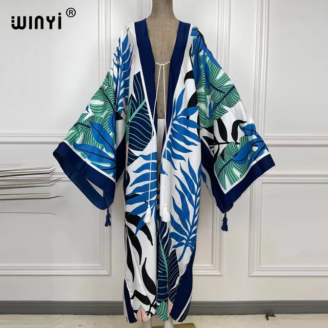 2021 WINYI Nuevo Bikini de Algodón para Mujer, Estilo Dulce, Estampado Boho Rosa, con Cinturón, Abierto por Delante, Vestido Kimono Largo, Túnica de Playa, Vestidos Cruzados para Mujer