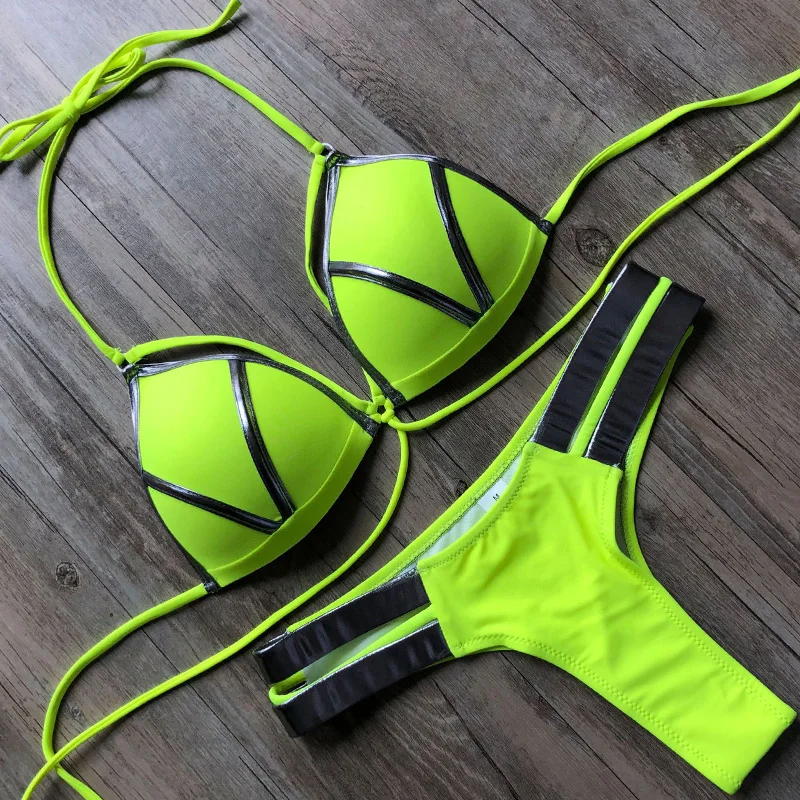 Seksi brezilyalı Push Up Bikini 2022 kadınlar dize Bandeau mayo kadın mayo tanga Bikini seti sutyen fincan Halter mayo