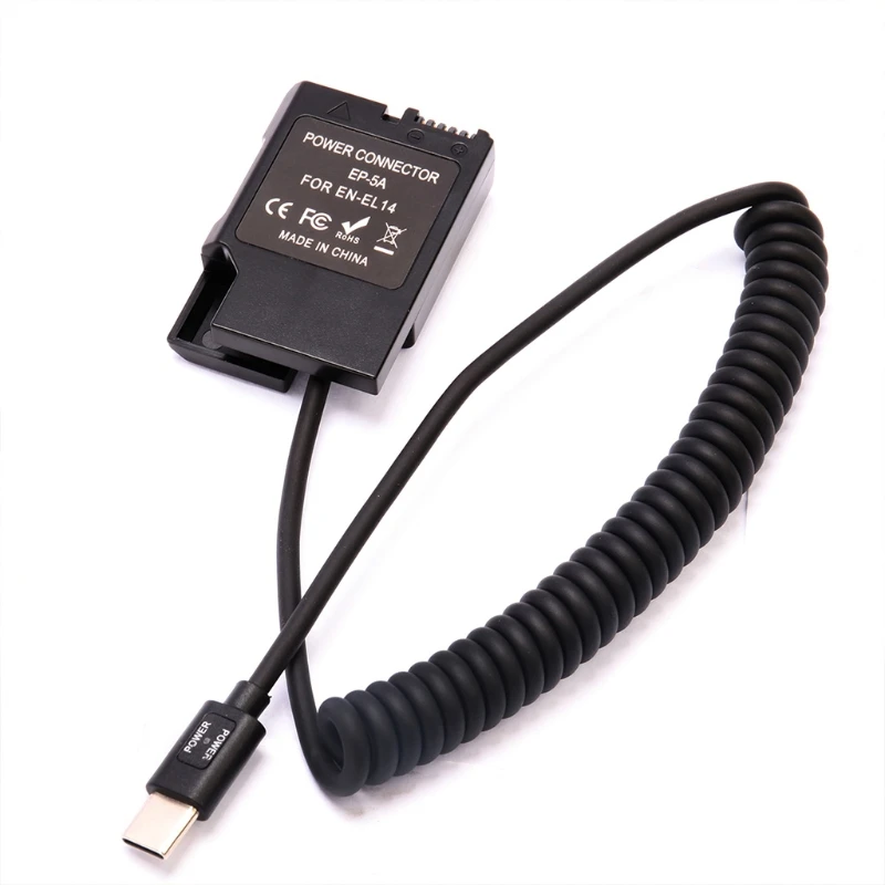 EN-EL14 Dummy Battery USB-C Coupler Adapter Dummy Battery Coupler with USB C-type Spring Power Cable for Nikon D3100