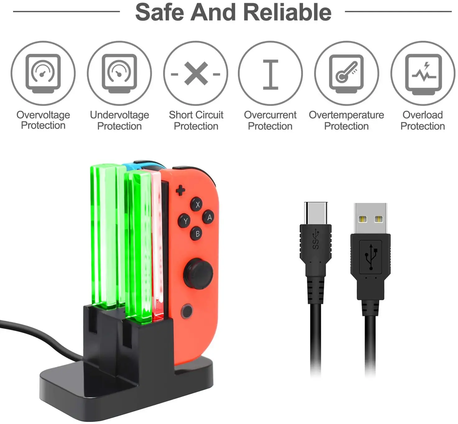 4 in 1 Portable NS Switch Joystick Charging Dock Station LED Joypad Controller Charger Stand With USB Cable for Nintendo Switch