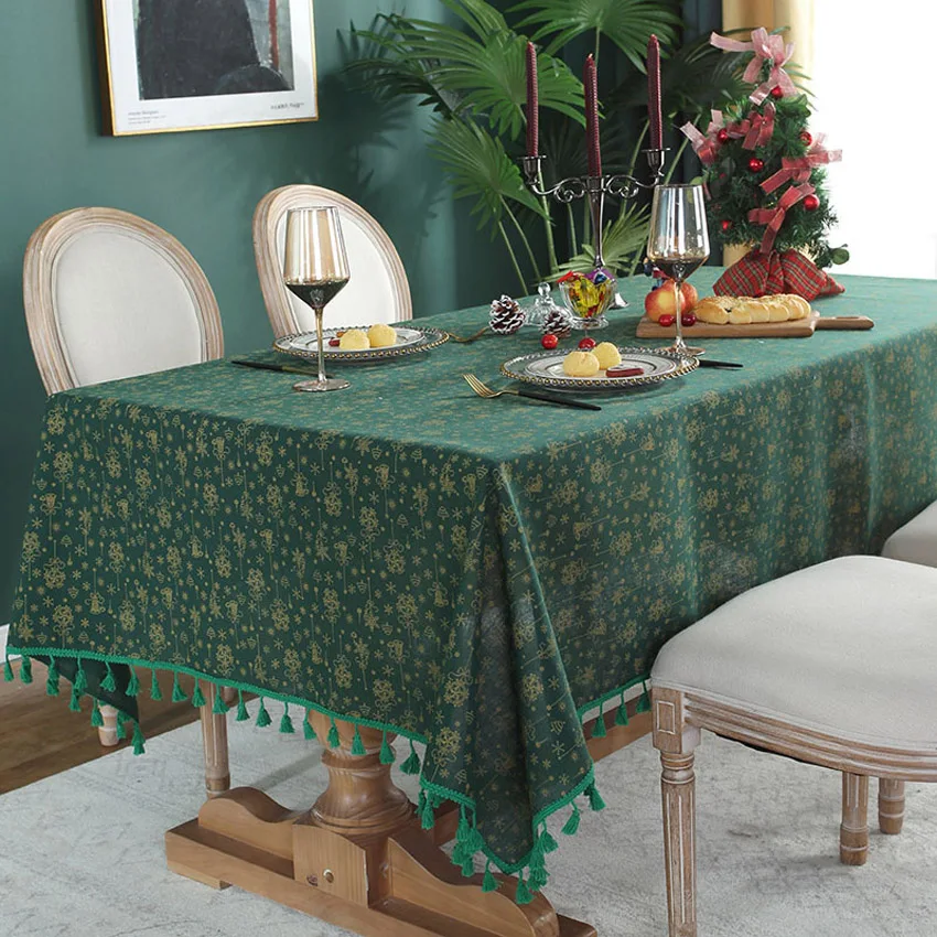 Green Christmas Snowflake Tablecloth European with Tassels Furniture Dustproof Cover Coffee Table Desk Decoration Nappe De Table