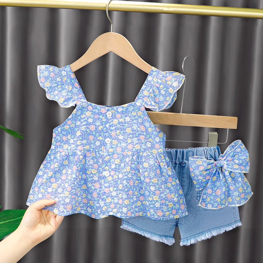 2021 Newborn baby Girl summer clothes outfit sets floral sling shirt + bow denim shorts suit for 1 year baby girl birthday sets