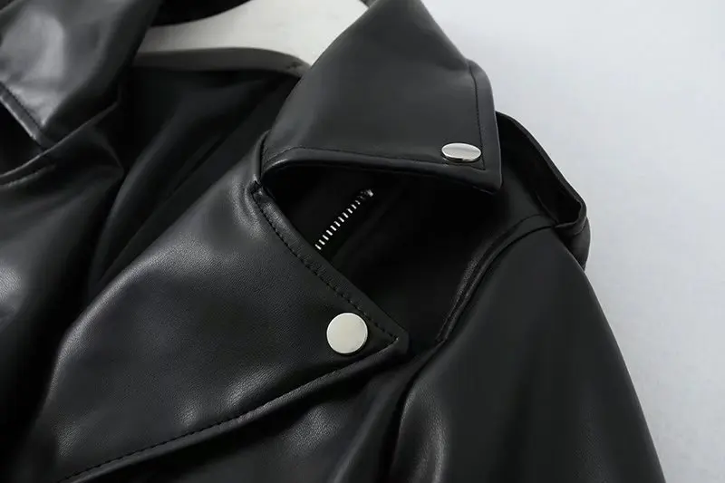 PUWD Vintage Women Faux Leather Motorcycle Jacket 2021 Autumn Winter Casual Cool Zipper Street Sashes Jacket Slim Female Outwear