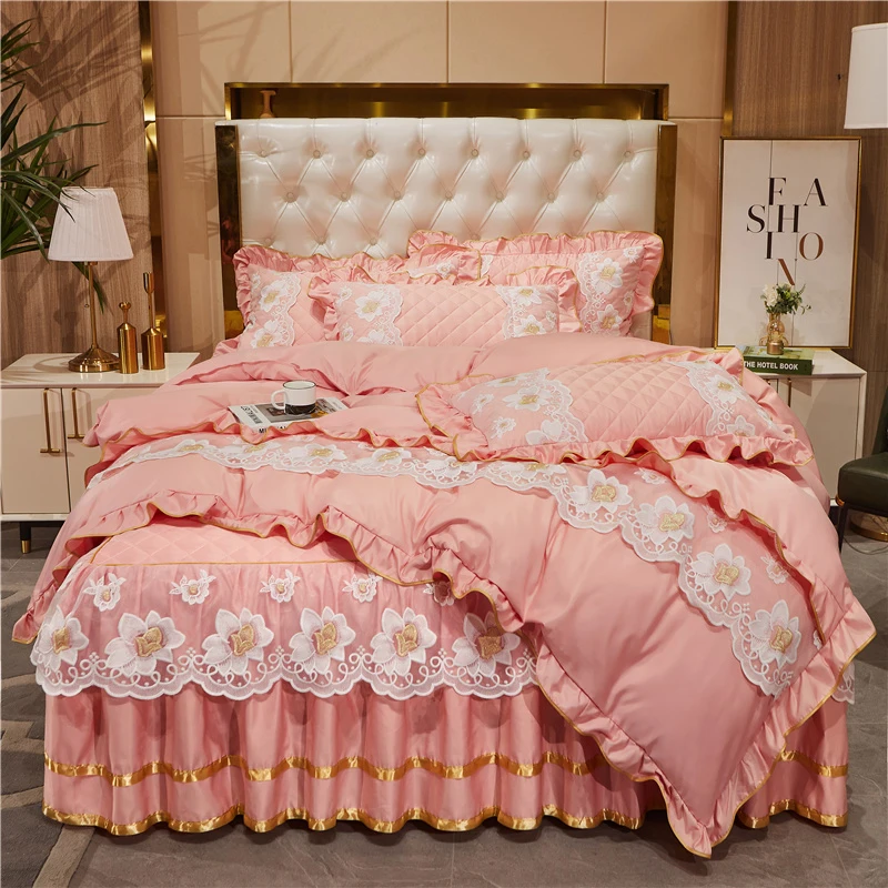 

Korean Style Lace Flower Embroidery Duvet Cover for Bedroom Solid Color Simplicity Bedding Set Quilt/Comforter Covers Pillowcase