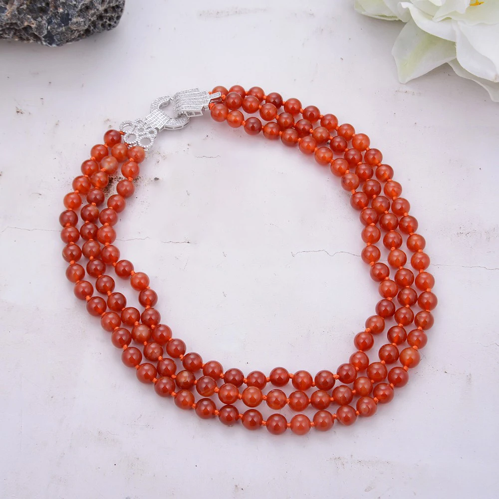 

18'' 3 Strands Natural Round Red Carnelian Agates Necklace Cz Clasp For Women Lady Jewelry Gift