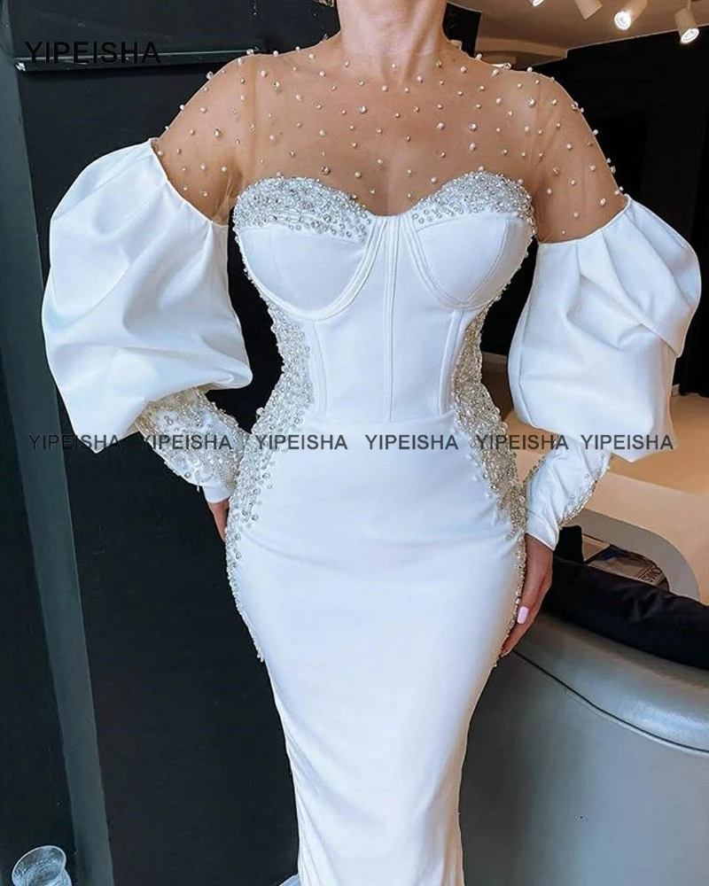 Yipeisha elegante branco o-neck vestidos de noite mangas compridas pérolas frisado árabe vestidos formais 2021 dubai longo baile de formatura vestidos de festa