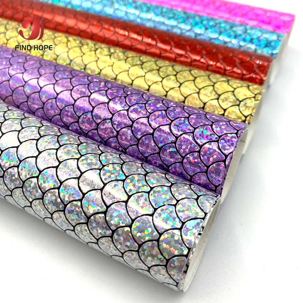 6pcs Fish Scale Print PU Faux Leather Sparkle Synthetic Fabric for Sewing Bow Bag Brooches Sofa Car DIY Hademade Material Sheets