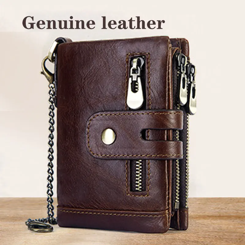 Men's Leather Short Wallet Fashion Men's Wallet Double Zipper Multi-Function Lock Mouth Anti-Theft Card Bag Key Bag Money Bag