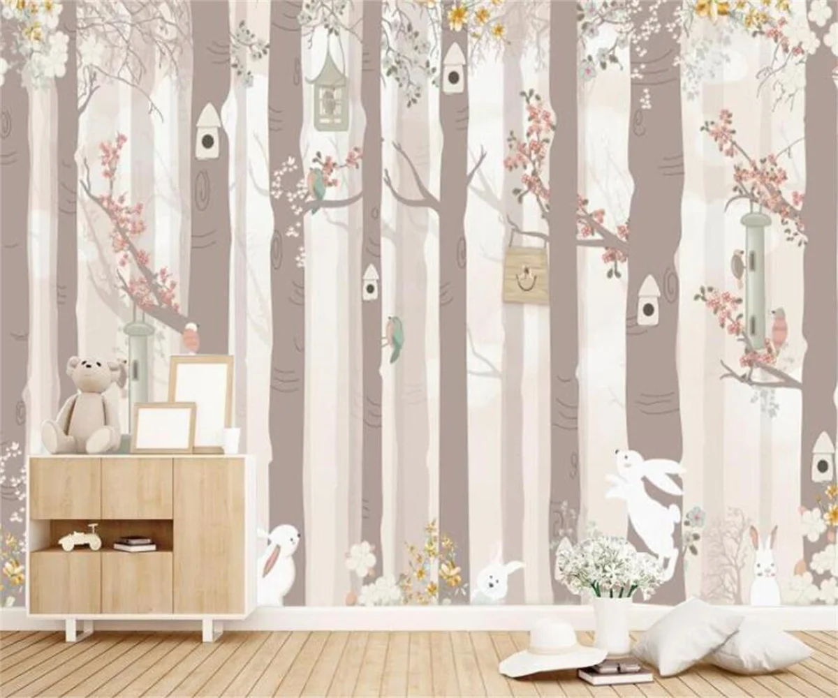 Custom Size 3D Mural Wallpaper Watercolor Birch Tree Forest White Rabbit Bird House Flower Woodland children's room Wall Decor