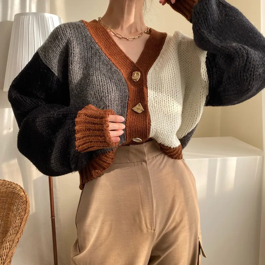 REALEFT Autumn Winter 2021 New Colorblock Patchwork Women's Cardigan Sweaters Lantern Sleeve Casual Loose Knitted Female Tops