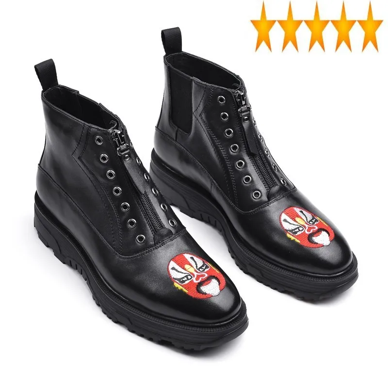 Winter New Mens Gothic Embroidery Zip Ankle Designer Work Genuine Leather High Top Platform Shoes Male Punk Boots