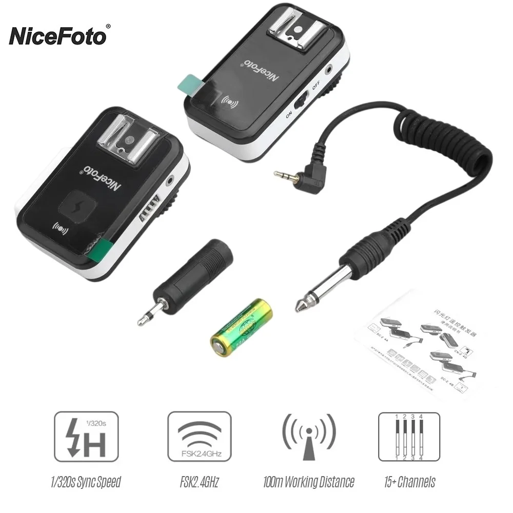 

NiceFoTo Wireless Transmitter Receiver Flash Trigger 1/320 Sync speed 15Channels with 3.5mm Adapter Compatible with Canon Nikon