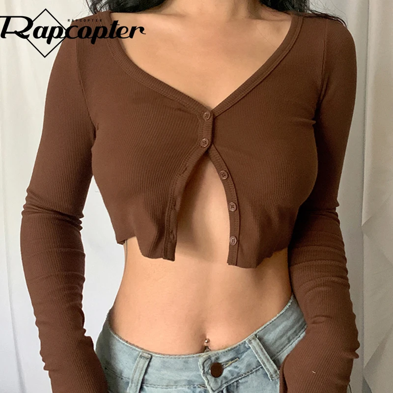 Rapcopter Y2K Solid Knitted Crop Top Button V Neck Full Sleeve T Shirt Harajuku Basic Casual Cardigans Women Slim Korean Tee New