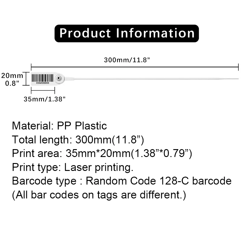 Pobsuier 100 Plastic Bar Code Labels Disposable Adjustable Security Seals Product Barcode Tag for Shoes Bags Clothes 300mm/11.8