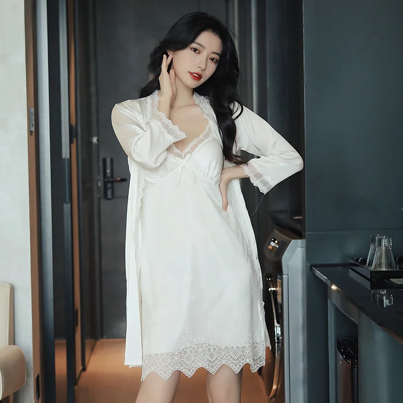 แขนยาว Sexy Lace Nightgown บ้านเสื้อผ้า2021ฤดูร้อนใหม่ซาตินกิโมโน Robe ผู้หญิงลำลองเสื้อคลุมอาบน้ำชุด Intimate ชุดชั้นใน