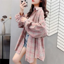 Women Blouses Plaid Turn-down Collar Female Autumn Long Sleeve Blouse Shirts Vintage Loose Street Lady Korean Oversize Top