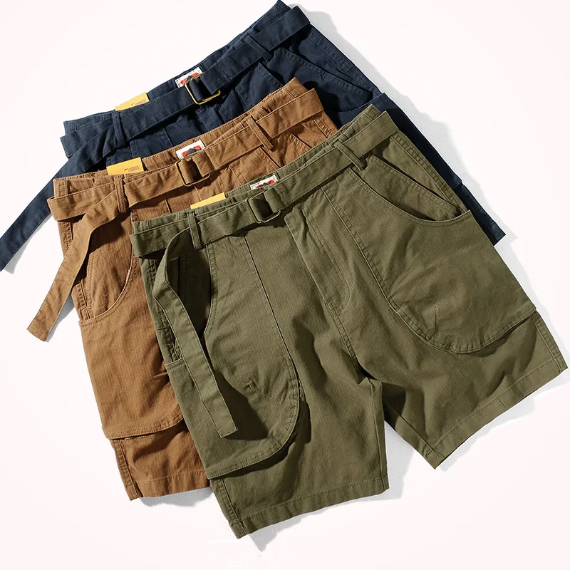 2021 Summer New Tooling Shorts Men\'s Japanese Fashion Large Pocket Loose Casual Army Green Straight Elastic Knee Length Pants