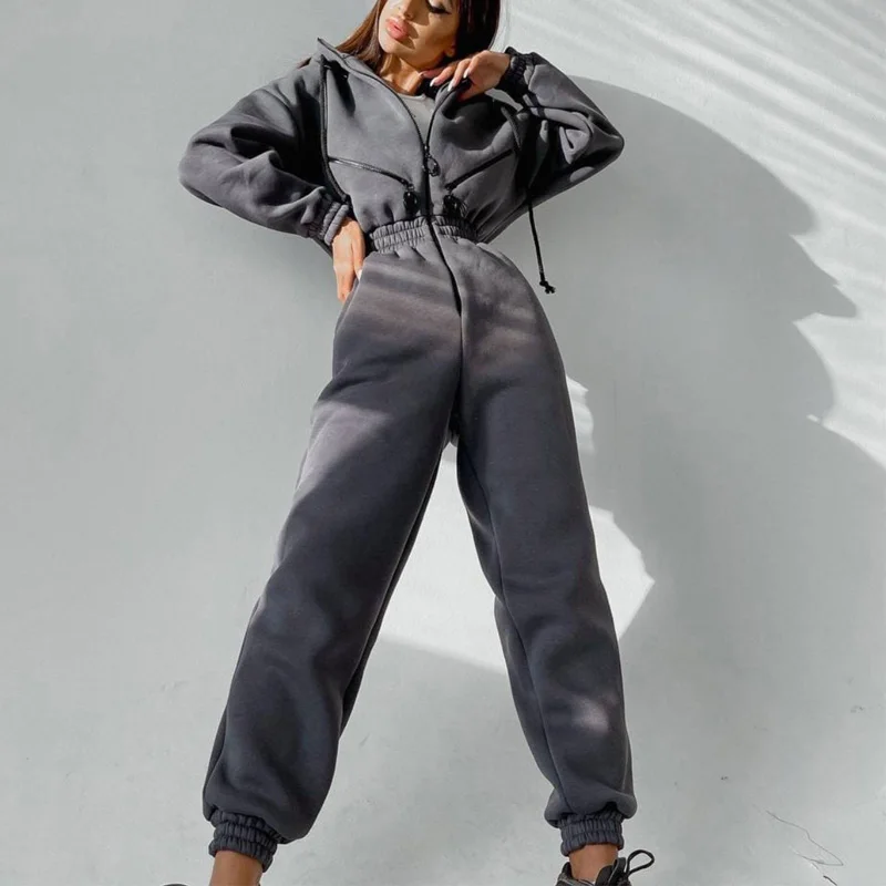 Casual Women Basic Hoodies Jumpsuits Zipper Drawstring Cardigan Outerwear And Elastic Pencil Pants Suit Autumn Winter Tracksuit