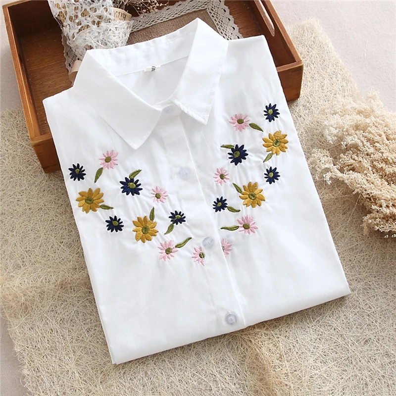 Shirts Women White Floral Cartoon Embroidered Printing Single-breasted Pockets Turn-down Collar Womens Shirt Students All-match