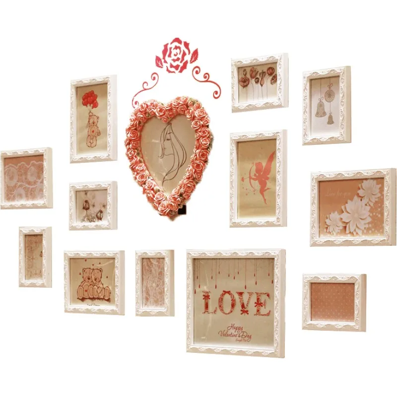 

Heart-Shaped Photo Frame Wall European Solid Wood Living Room Photo Wall Creative Combination Set-Up Decorative Picture Frame