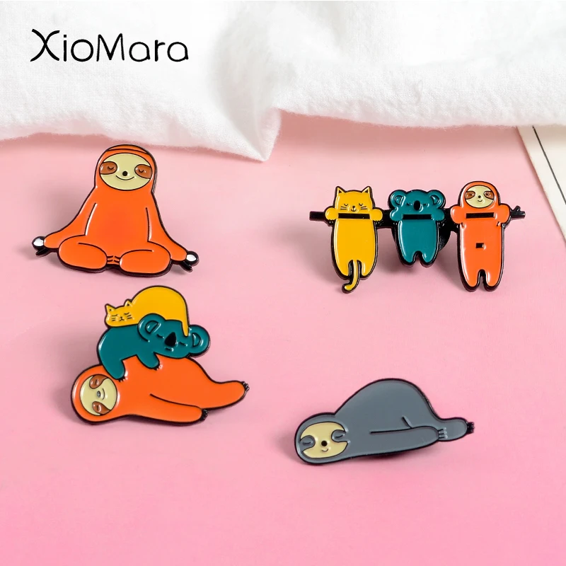 Super Cute Sloth Koala And Cat ! Enamel Pin Colorful Cartoon Animal Yoga Lazy Flash Lapel Badges Brooches For Best Friends