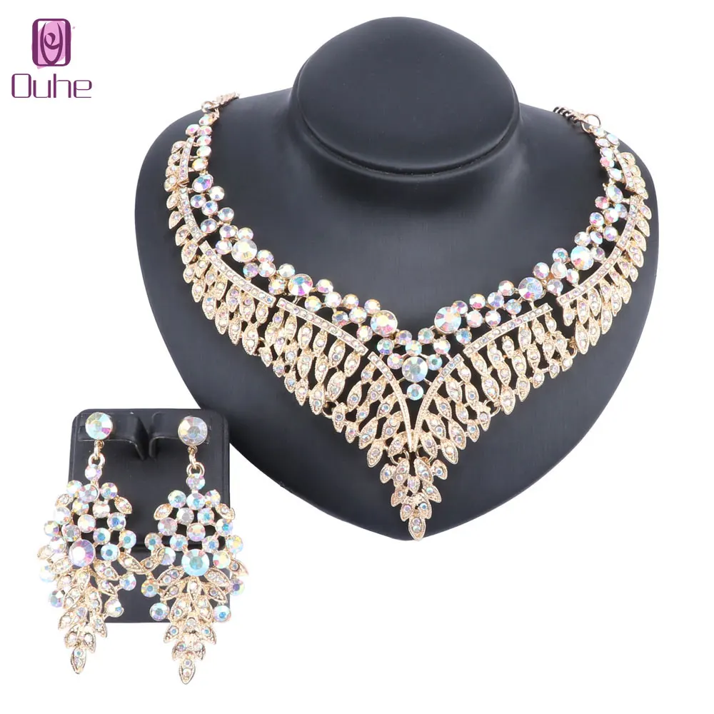 Bride Crystal Necklace Earrings Wedding Party Jewelry Sets Rhinestone Choker Necklace Prom Costume Jewelry for Women and Girls